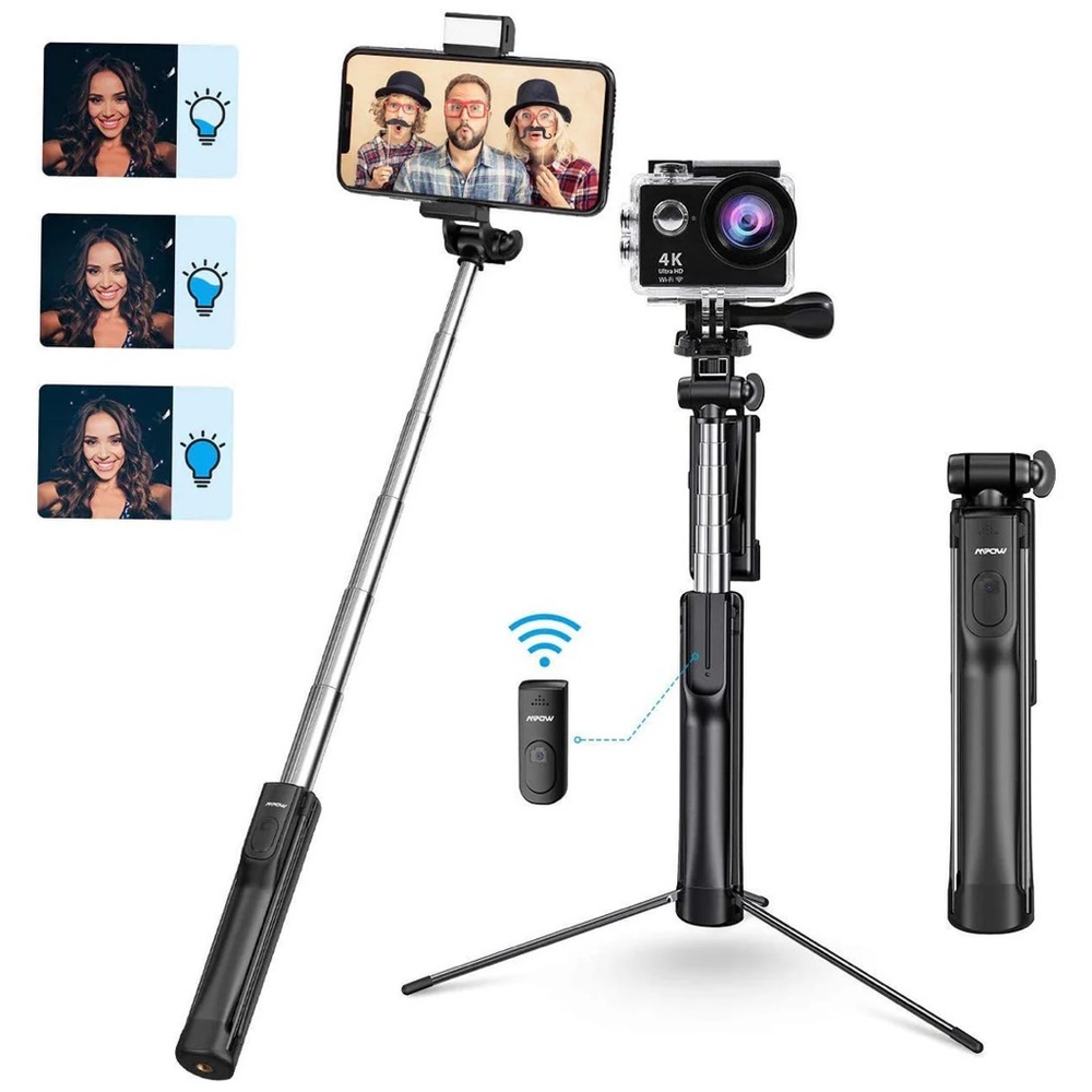 Brand New MPOW PA168A Black Tripod Selfie Stick with Fill Light with Remote